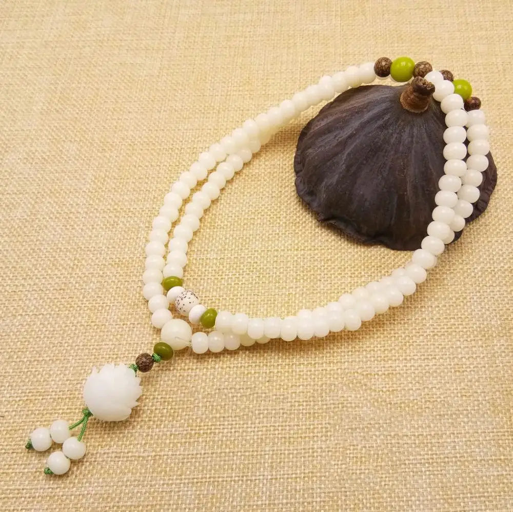 ボデの根の形をした白い天然真珠のブレスレット,蓮の花108,癒しの祈りのジュエリー,オリジナルデザイン,女性へのギフト