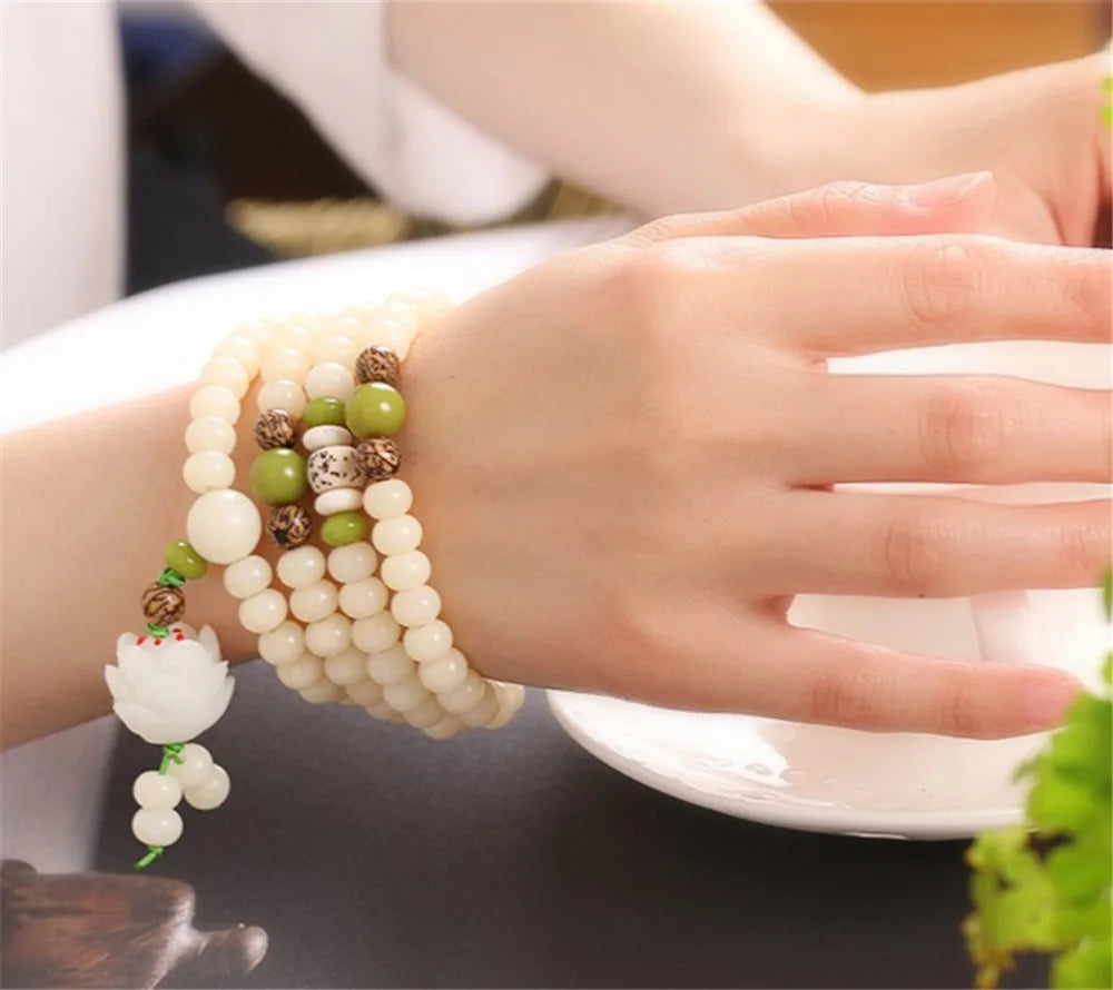 ボデの根の形をした白い天然真珠のブレスレット,蓮の花108,癒しの祈りのジュエリー,オリジナルデザイン,女性へのギフト