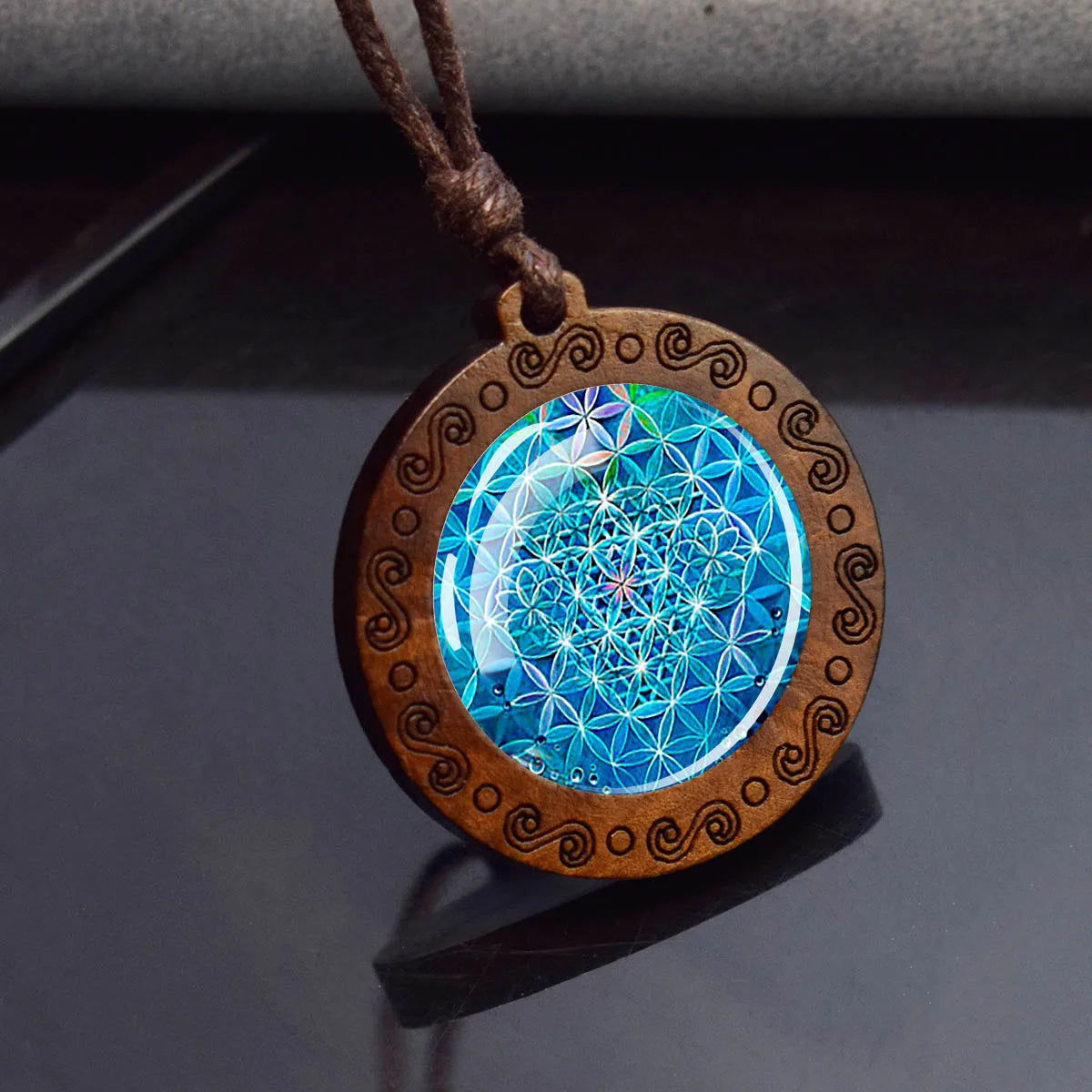 Sri yantra mandalaガラスネックレスウッドペンダントbuddjustom Geometricジュエリースピリチュアルヨガギフト