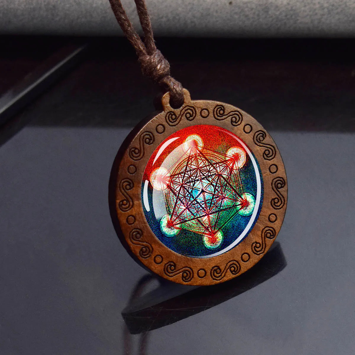 Sri yantra mandalaガラスネックレスウッドペンダントbuddjustom Geometricジュエリースピリチュアルヨガギフト