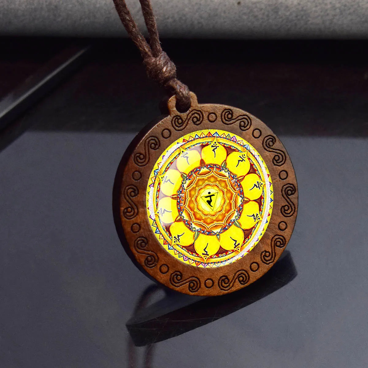 Sri yantra mandalaガラスネックレスウッドペンダントbuddjustom Geometricジュエリースピリチュアルヨガギフト