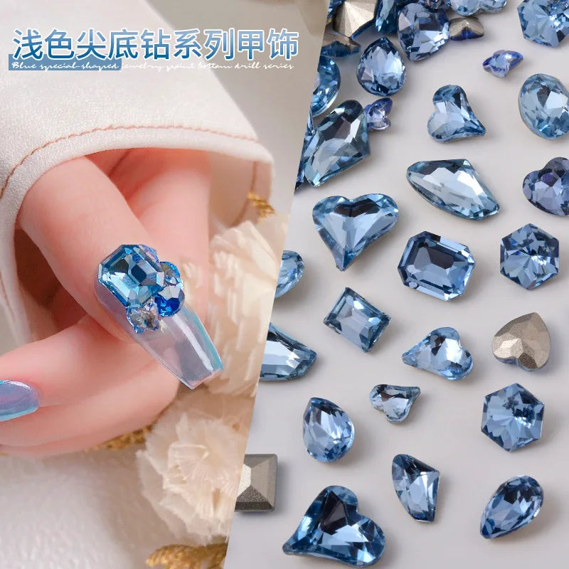 ネイルアート用3D装飾ライトブルー,高品質,ガラス,ラインストーン,マルチシェイプ,8x10mm,ハート型,マニキュアアクセサリー,10個