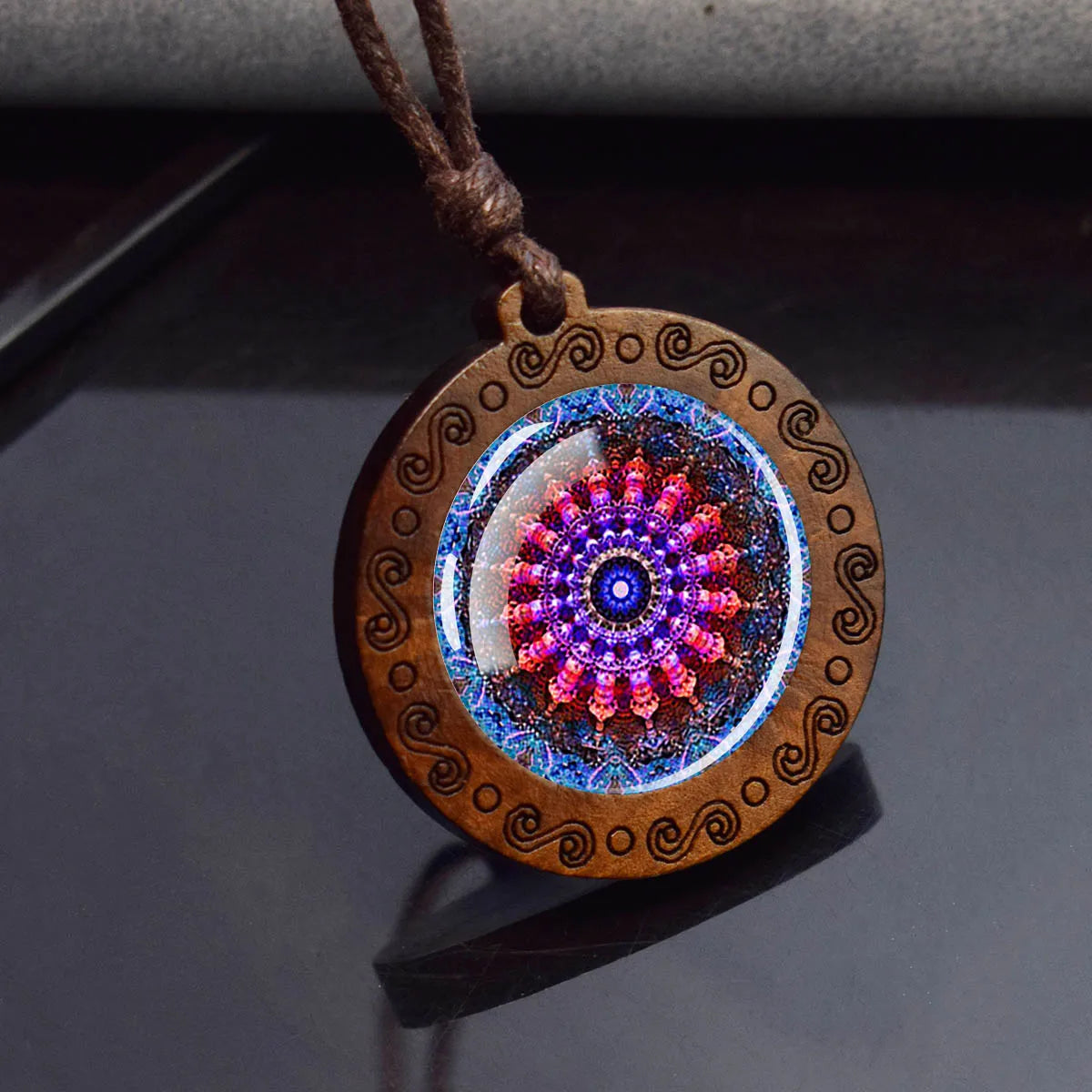 Sri yantra mandalaガラスネックレスウッドペンダントbuddjustom Geometricジュエリースピリチュアルヨガギフト