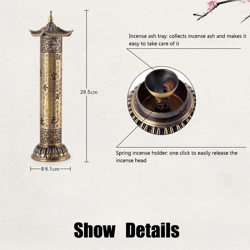 円筒形縦型香炉、ハート経典ドーム、屋内家庭用禅香炉銅、バーナー装飾品、21cm
