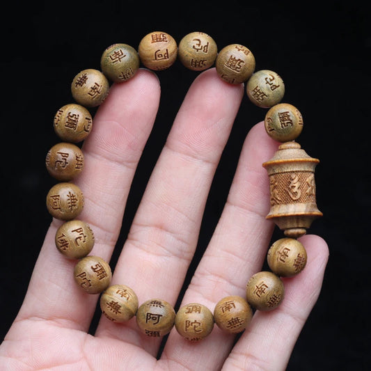 本物の天然サンダルウッドとチベット仏教ビーズ,12mm x 12mm,18ビーズのユニセックスブレスレット